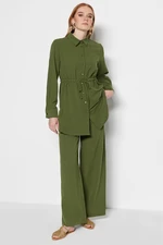 Trendyol Khaki Waist Shirred Woven Aerobin Linen Look Shirt-Trousers Suit