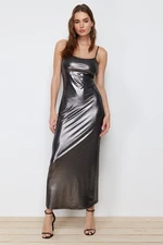 Trendyol Gray Foil/Shiny Printed Fitted Maxi Flexible Knitted Pencil Dress