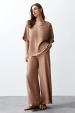 Trendyol Camel V-Neck Woven Blouse-Pants Set