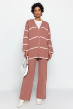 Trendyol Pale Pink Roving Knit Knitwear Cardigan-Trousers Bottom-Top Set