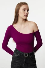 Trendyol Purple Fitted Off Shoulder Corded Cotton Stretch Knitted Blouse