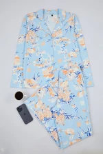 Trendyol Blue 100% Cotton Floral Knitted Pajama Set