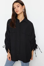 Trendyol Black Woven Cotton Shirt with Adjustable Gathering Detail on Sleeves