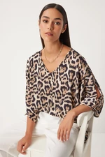 Happiness İstanbul Women's Black Beige Leopard Patterned Satin Blouse