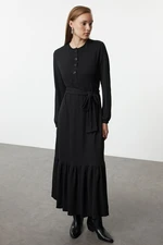 Trendyol Black Belted Ribbed Knit Dress