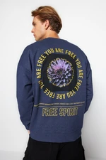 Trendyol Men's Indigo Oversize/Wide-Fit Long Sleeve Crew Neck Printed Sweatshirt