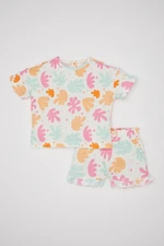 DEFACTO Baby Girl Patterned Waffle Short Sleeve T-Shirt Shorts 2-Piece Set