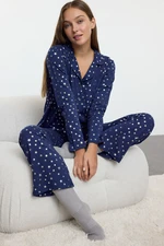 Trendyol Navy Blue 100% Cotton Leaf Star Patterned Knitted Pajama Set