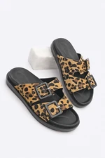 Marjin Women's Double Buckle Leopard Patterned Daily Slippers Bervas Leopard