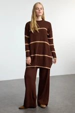 Trendyol Brown Striped Corduroy Knitwear Bottom-Top Set