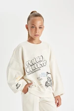 DEFACTO Girl Ecru Oversize Fit Wide Pattern Crew Neck Teddy Bear Printed Sweatshirt