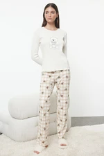 Trendyol Ecru Bear Plaid Top Camisole Bottom Jersey Knitted Pajama Set