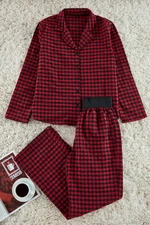 Trendyol Red-Multicolored Plaid Elastic Waist Detailed Woven Pajama Set