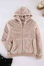 Trendyol Beige Regular/Normal Cut Full Zipper Pocket Polar Fleece Thick Sweatshirt-Cardigan