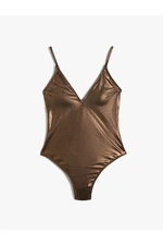 Koton V-Neck Swimsuit with Thin Straps Glossy Coated