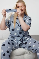 Trendyol Curve Blue Star Patterned Shirt Collar Knitted Pajama Set