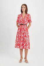 DEFACTO Shirt Collar Patterned Short Sleeve Midi Dress