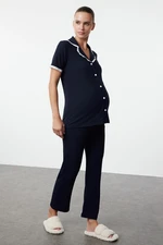 Trendyol Navy Blue Corduroy Shirt Collar Lace Knitted Maternity & Pregnant Pajamas Set