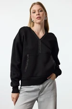 Trendyol Black Black Accessory Detailed Hooded Relaxed/Comfortable Fit Knitted Sweatshirt