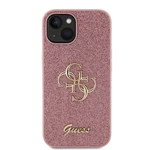 Zadní kryt Guess PU Fixed Glitter 4G Metal Logo pro Apple iPhone 15, růžová