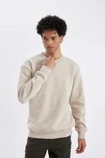 DEFACTO Beige Oversize Fit Wide Mold Crew Neck Thick Fabric Basic Plain Sweatshirt