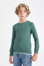 DEFACTO Boy's Crew Neck Basic Plain Waffle Long Sleeve T-Shirt