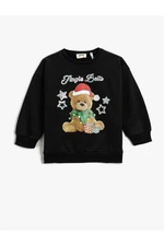 Koton Christmas Theme Teddy Bear Printed Sweatshirt Long Sleeve Raised