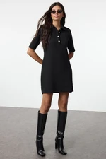 Trendyol Black Tweed Shift Mini Button-Down Collar Stretch Knit Dress