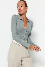 Trendyol Grey Ribbed Polo Collar Knitwear Cardigan