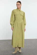 Trendyol Oil Green Poplin Woven Pleated Detail Pocket Woven Dress