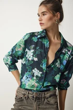 Happiness İstanbul Women's Black Green Patterned Flowy Shirt