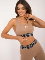 Tmavě béžový sportovní crop top s potiskem FOR FITNESS