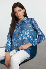 Trendyol Blue Floral Patterned Oversize Wide Pattern Shirt