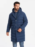 Ombre Men's long quilted jacket with lapels and lining - dark blue