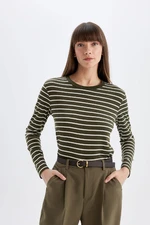 DEFACTO Women's Regular Fit Crew Neck Striped Casual Long Sleeve T-Shirt