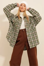 Trend Alaçatı Stili Women's Green Beige Checked Stamped Cotton Oversized Jacket Shirt