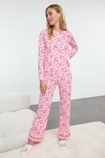 Trendyol Pink-Multicolored 100% Cotton Heart-shaped Piping Detailed Knitted Pajama Set