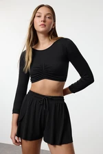 Trendyol Black Seamless Gathered Detail Super Crop Knitted Sports Top/Blouse