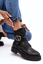 Black Gennee Worker leather ankle boots with chain