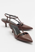 LuviShoes FRANCE Brown Skin Women's Pointed Toe Slingback Low Heel Shoes