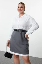 Trendyol Curve Anthracite-White Belted Shirt-Skirt Plus Size Woven Dress