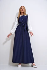 Trend Alaçatı Stili Women's Navy Blue Shirt Collar Button Detailed Striped Hijab Dress