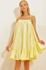 Trend Alaçatı Stili Women's Yellow Terry Cotton Linen Dress with Halter Skirt