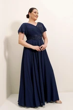 By Saygı Flounce Sleeves Front Beaded Embroidery Pleated Lined B.C. Chiffon Dress Navy