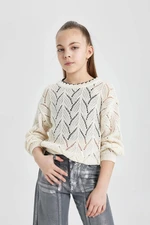 DEFACTO Girl's Crew Neck Openwork Sweater