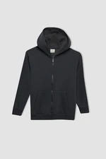 DEFACTO Boy Anthracite Basic Plain Hooded Zippered School Cardigan