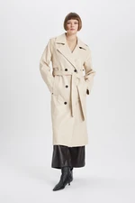 DEFACTO Water Repellent Regular Fit Double Breasted Collar Button Closure Belted Pocket Faux Leather Trench Coat