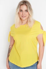 Trendyol Curve Yellow Sleeves Tie Detail 100% Cotton Knitted T-Shirt