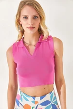 Olalook Women Fuchsia Polo Neck, Sleeveless Crop, Knitwear Blouse