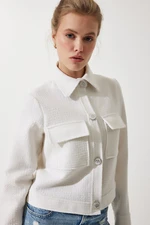 Happiness İstanbul Women's Off-White Stylish Buttoned Woven Tweed Jacket with Pockets